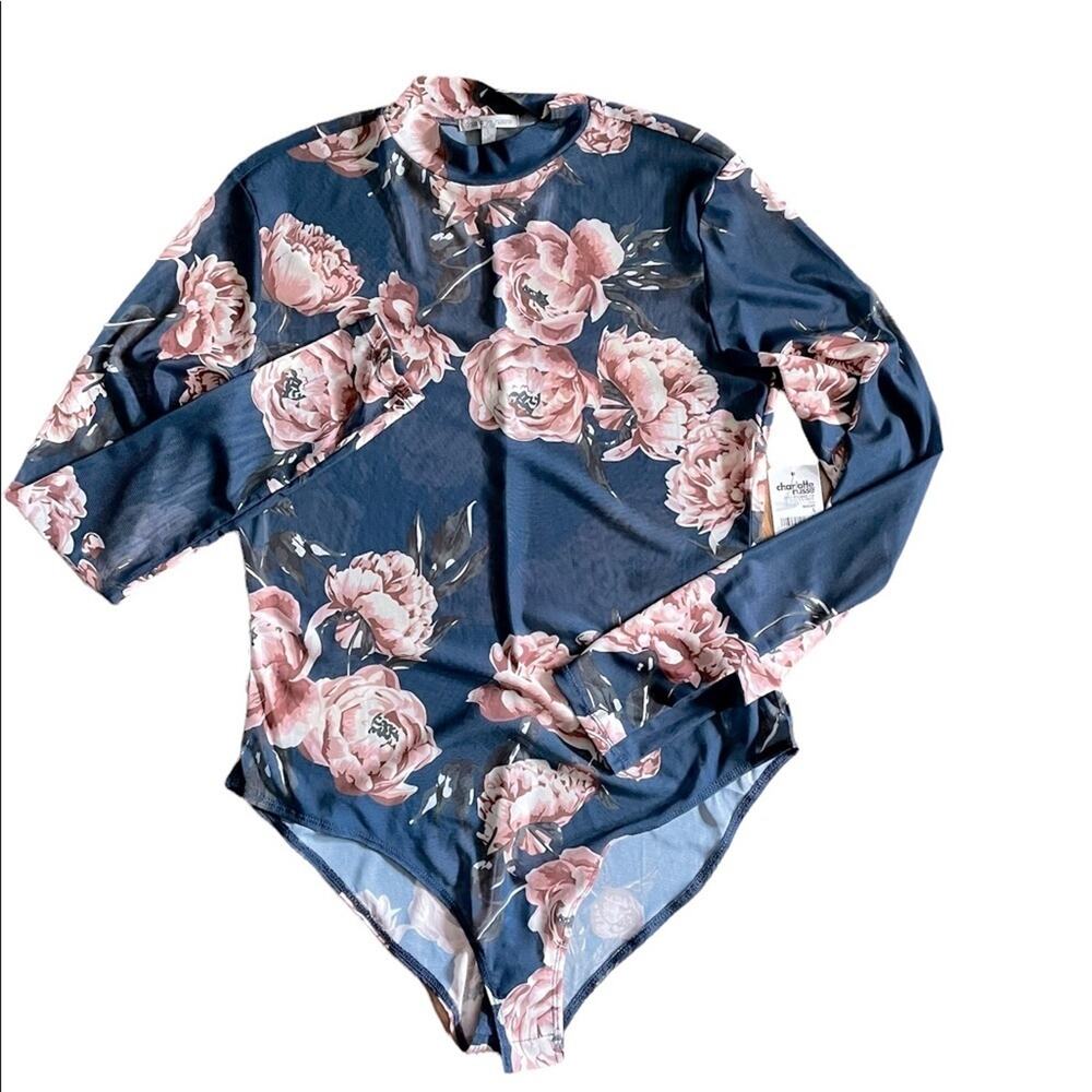 NWT Charlotte Russe Bodysuit Large Casual Floral Mock Neck Long Sleeves Blue